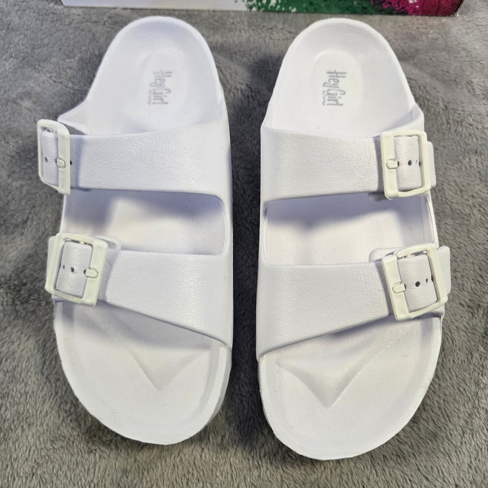 Hey Girl by Corkys White Double Buckle Slide Sandals Womens Size 7 EVA EP-2074